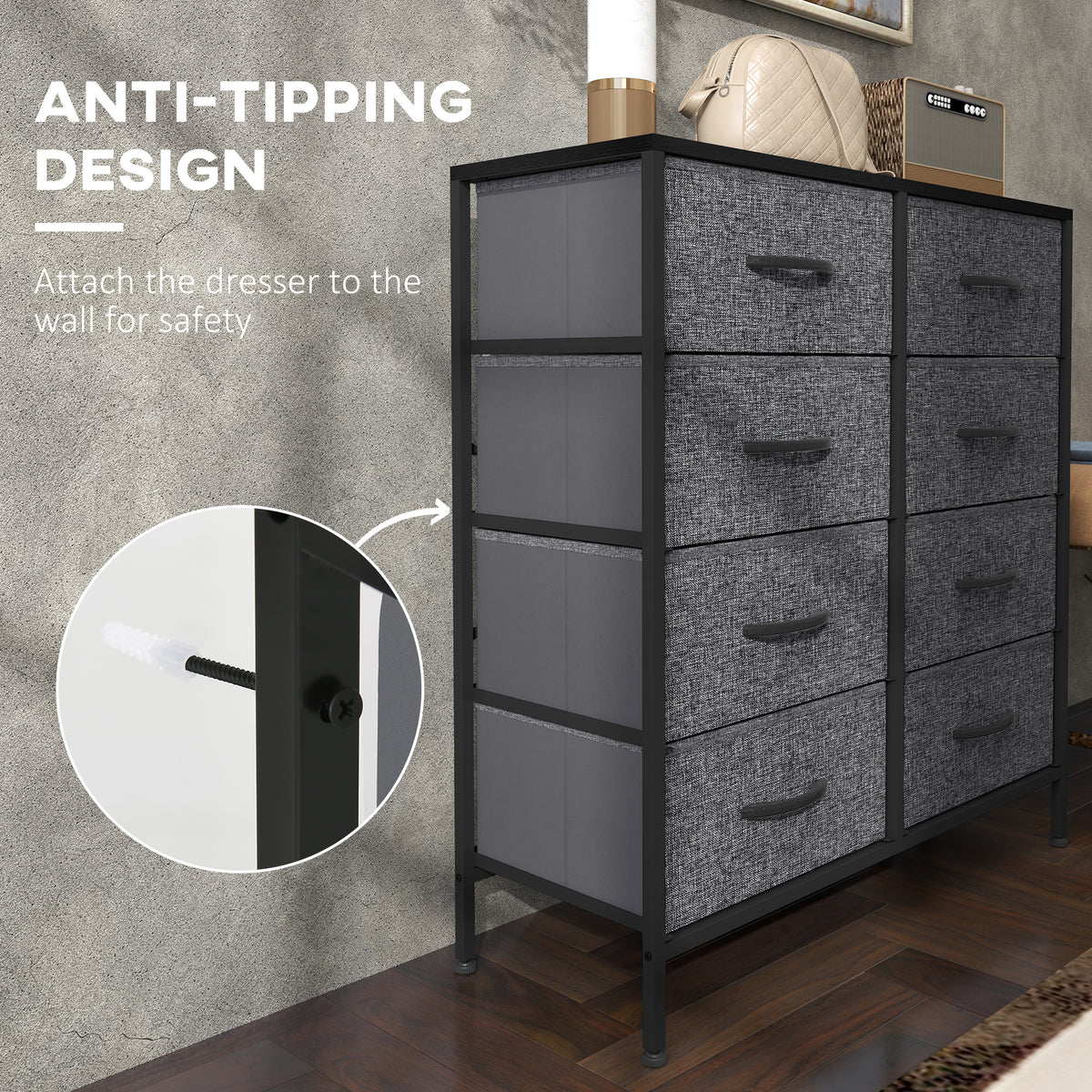 Fabric Chest of Drawers, Industrial Bedroom Dresser with 8 Fabric Drawers, Steel Frame and Wooden Top for Nursery, Living Room, Hallway, Black