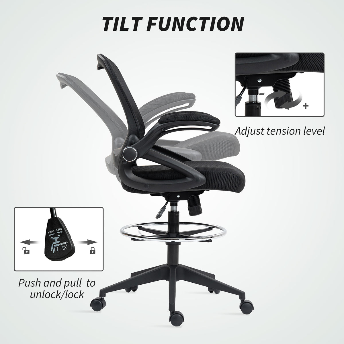 Drafting Chair with Flip-up Armrest, Mesh Office Stool with Foot Ring, 360 Degree Swivel Height Adjustable Chair for Standing Desk, Black