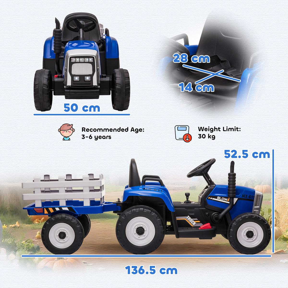 Ride On Tractor, Battery Powered Electric Car, with Detachable Trailer, Remote Control, Music