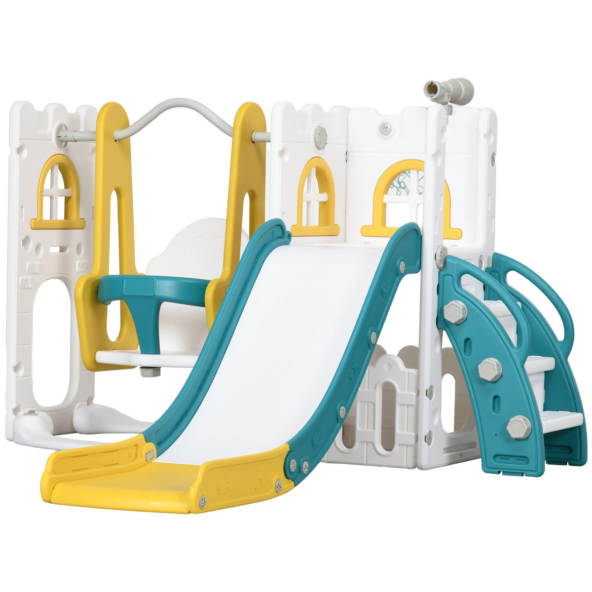 6-in-1 Swing and Slide Set, Kids Playground with Basketball Hoop, Telescope, Storage Space - Yellow