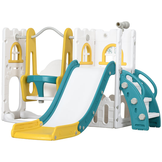 6-in-1 Swing and Slide Set, Kids Playground with Basketball Hoop, Telescope, Storage Space - Yellow
