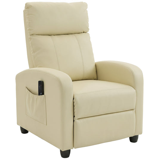 Recliner Armchair, Massage Faux Leather Push Back Reclining Chair with Adjustable Leg Rest, Side Pocket, Cream White