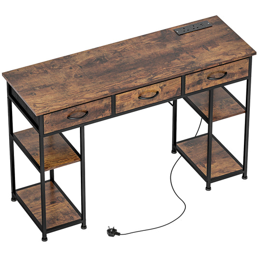 120cm Computer Desk with Power Outlets, Office Desk Study Table with Fabric Drawers and Storage Shelves