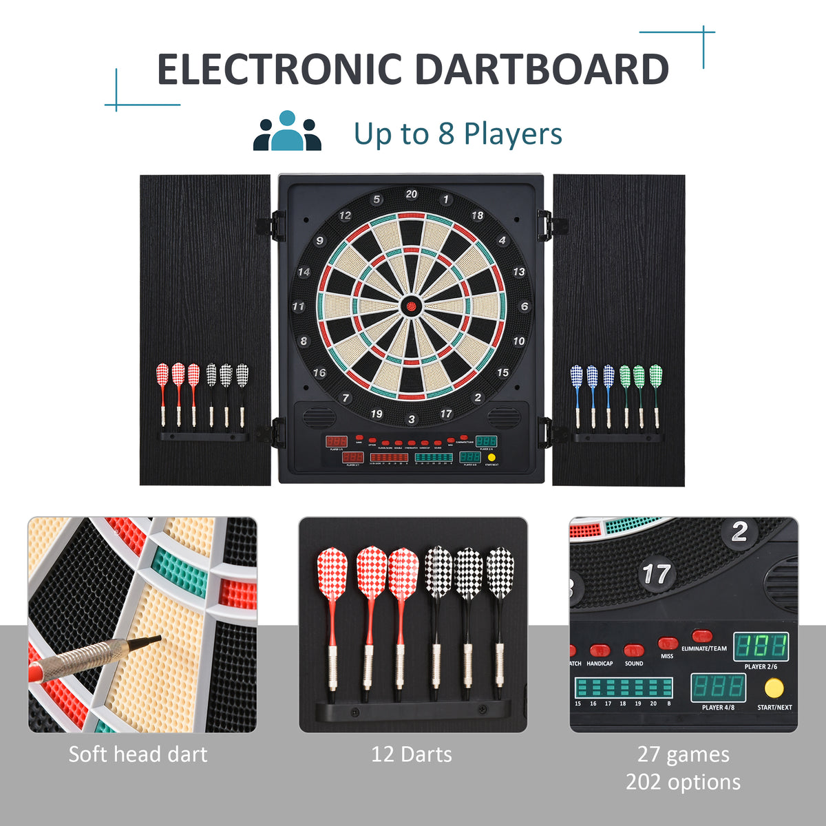Electronic Dartboard Set, 27 Games Modes and 202 Variations, LED & 12 Soft Tip Darts and Cabinet to Storage, Ready-to-Play Multi-Game Option Darts Machine