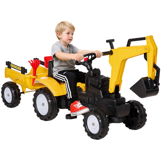 Kids Ride-On Construction Car, with Horn and Detachable Trailer - Yellow