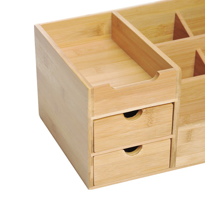 Desk Organiser Holder, Bamboo Multi-Function Storage Caddy with 7 Storage Compartments and 2 Drawers for Home Office Stationary Supplies, Natural Bamboo
