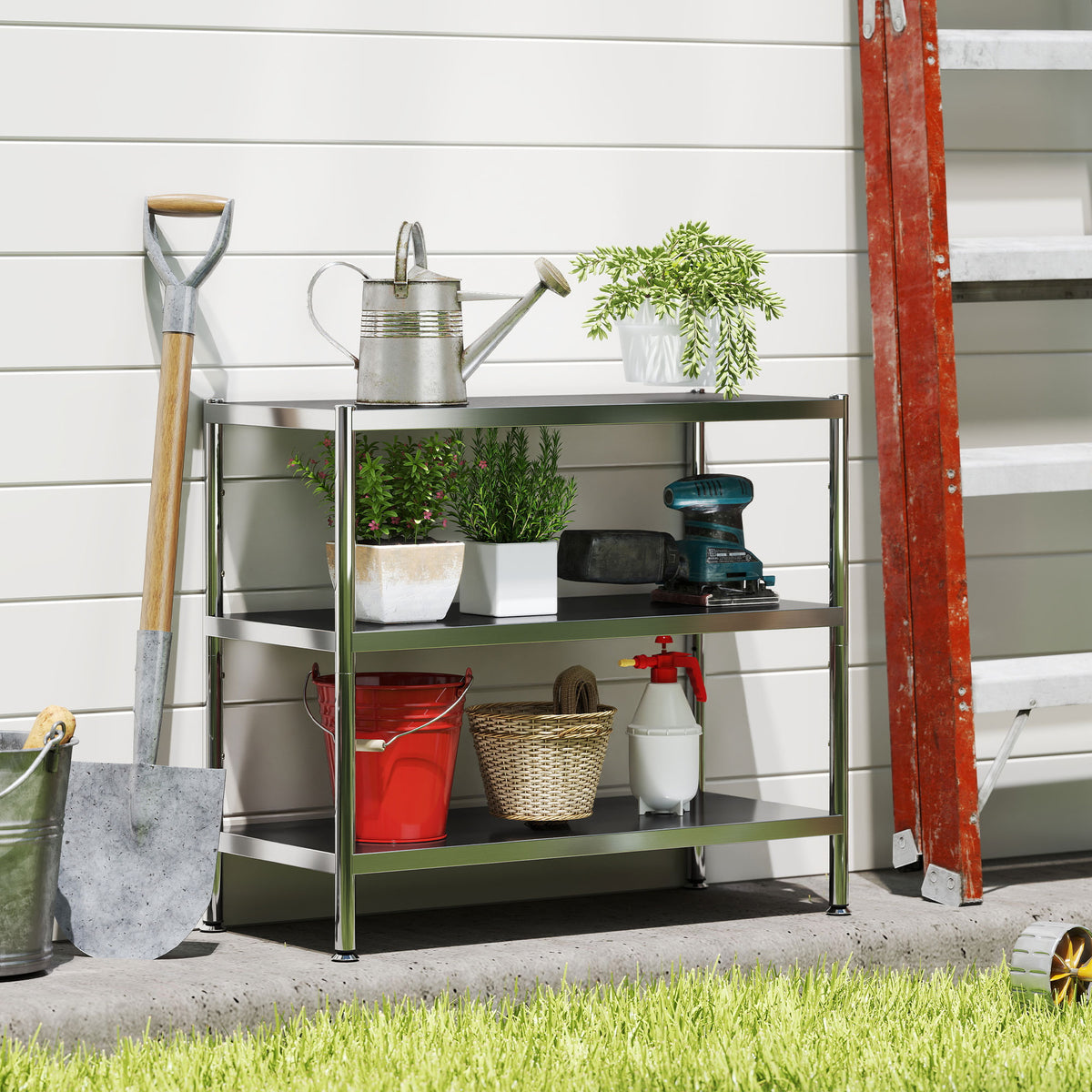 3-Tier Bakers Rack with Storage, Stainless Steel Microwave Stand with Adjustable Shelves for Small Spaces, Kitchen Storage Unit for Spices, Pots and Pans, Silver Tone