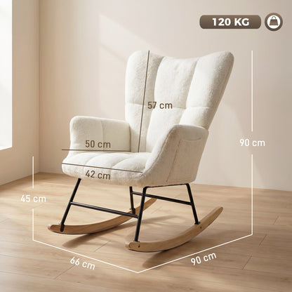 Rocking Chair, Teddy Fleece Rocker Chair with Tufted Wingback, Side Pockets, Rubber Wood Legs