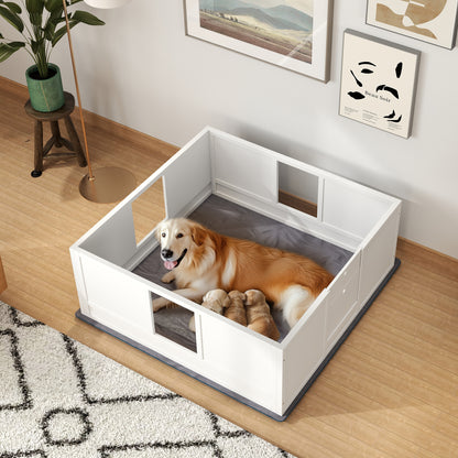 Whelping Box for Dogs with Whelping Pad, Adjustable Entrance, Non-slip Foot Pads, for Large Dogs, 124 x 120cm