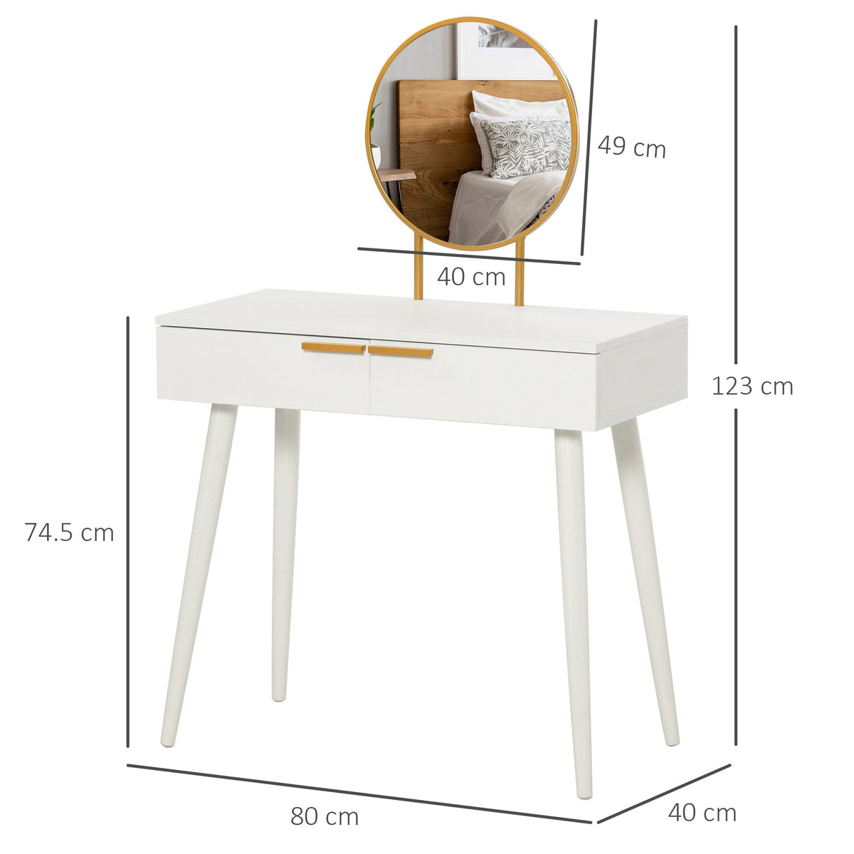 Dressing Table, with Round Mirror, 80 x 40 x 123 cm - White