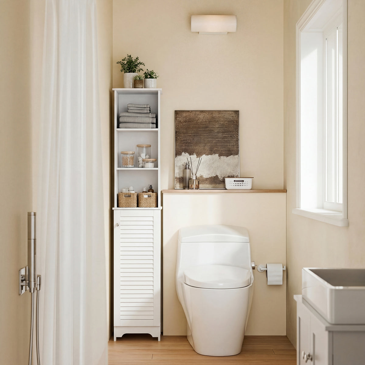 Tall Bathroom Cabinet, Freestanding Slim Bathroom Storage Unit with Adjustable Shelves and Shutter Door, Floor Storage Cupboard with 6 Shelves, 165H x 34W x 20D cm, White