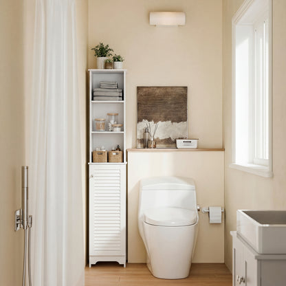 Tall Bathroom Cabinet, Freestanding Slim Bathroom Storage Unit with Adjustable Shelves and Shutter Door, Floor Storage Cupboard with 6 Shelves, 165H x 34W x 20D cm, White