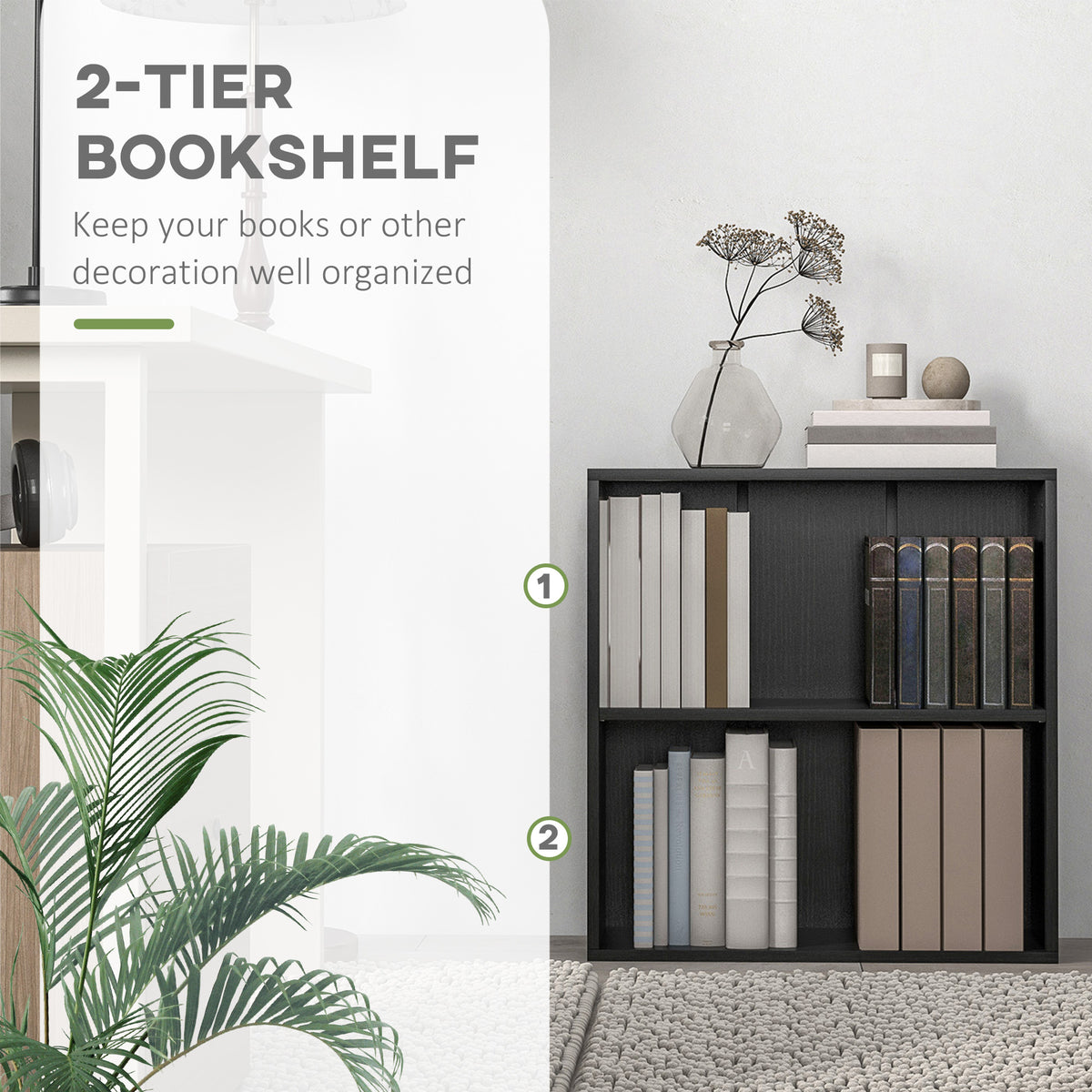 2 Tier Bookshelf, Low Bookcase with Adjustable Shelf, 2 Compartments for Home Office, Living Room, Study