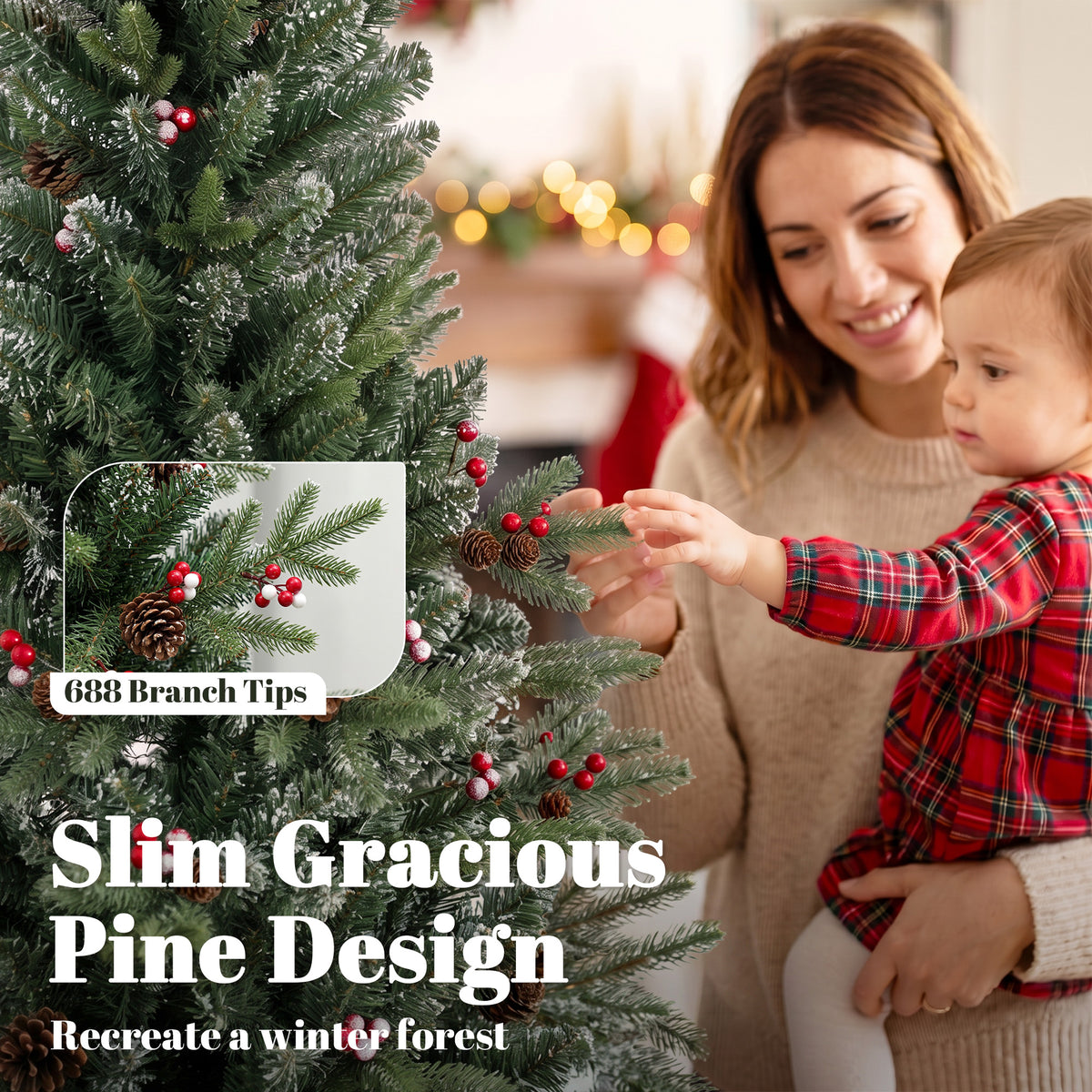 Slim Gracious Pine Xmas Tree, 6ft/180cm Artificial Christmas Tree with 688 Branch Tips, Foldable Steel Stand, Green