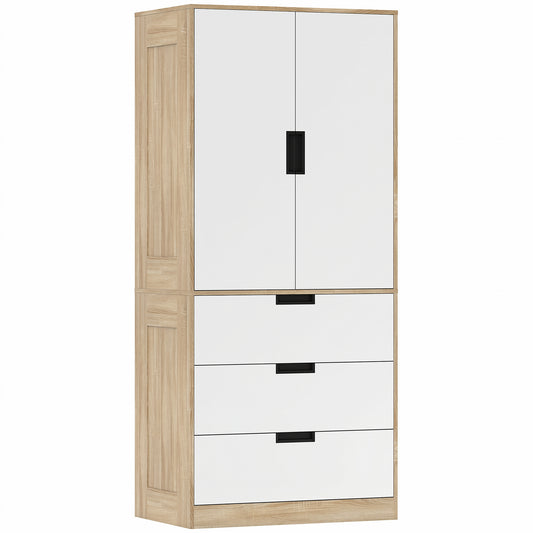 Modern Clothes Storage Cupboard Unit, 3 Drawer 2 Door Wardrobe with Hanging Rod