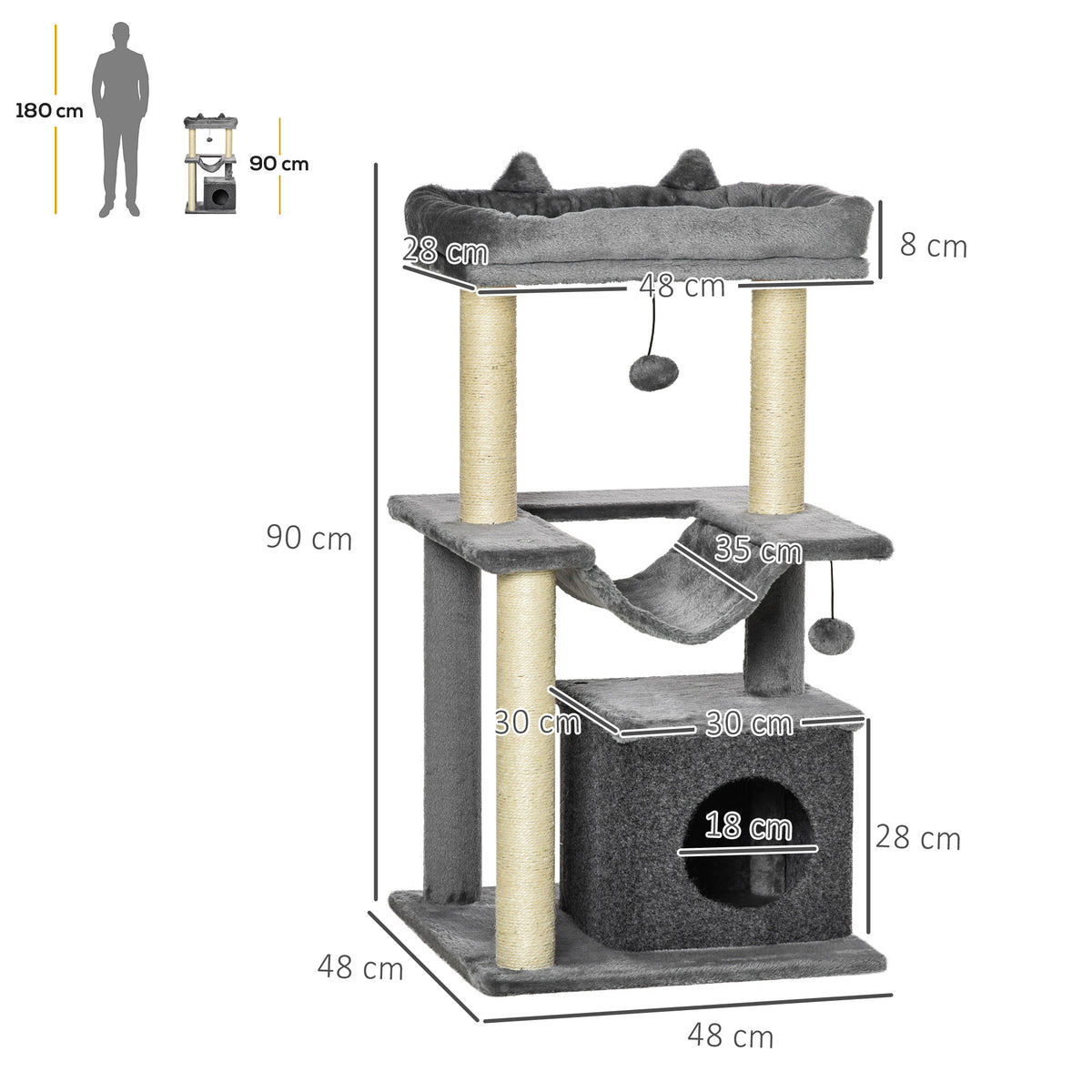 Cat Tree, 90cm Cat Tower with Sisal Scratching Posts, Cat Condo, Hammock, Top Perch and 2 Hanging Toys for Cats