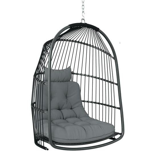 Hanging Egg Chair, Foldable Rattan Garden Swing Chair with Installation Kit, Thickened Cushion and Headrest, Indoor Outdoor Hanging Egg Basket Seat for Patio, Porch, Dark Grey