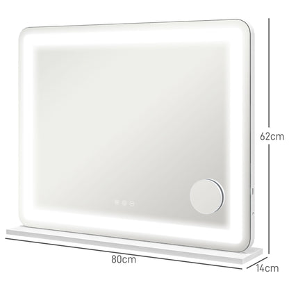 Vanity Mirror with Lights, Large 80x62 cm Lighted Makeup Mirror with 3 Colour, 10X Magnifying, USB Charging Port, Touch Screen, Tabletop or Wall Mounted Design, White