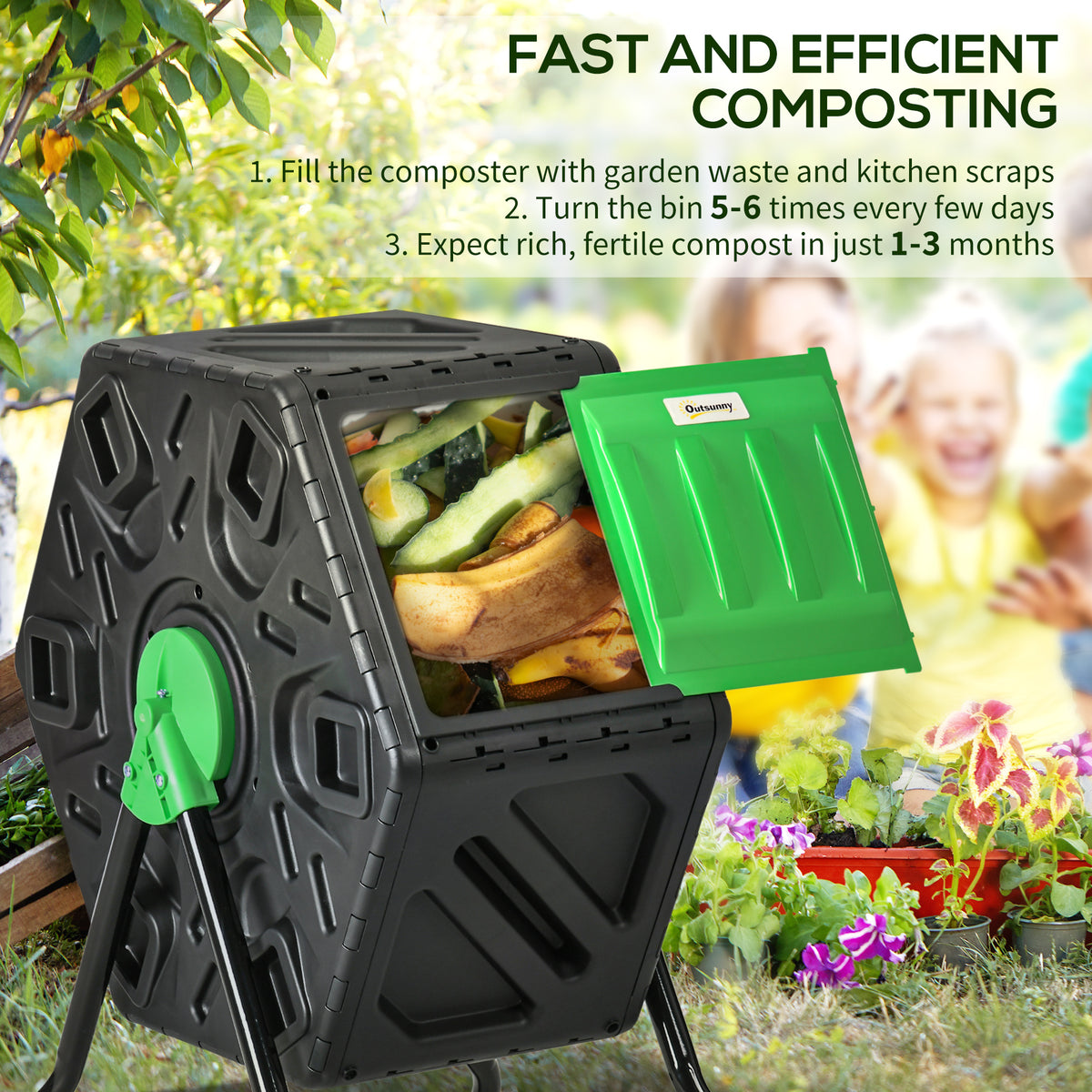 65L Garden Compost Bin, Single Chamber Rotating Composter, Compost Maker with 24 Ventilation Openings and Steel Legs