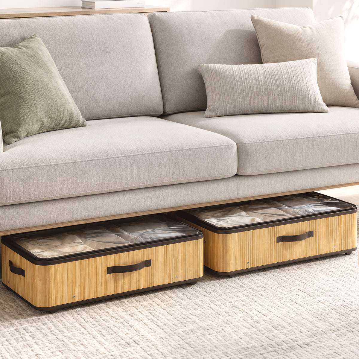 60L Under Bed Storage with Wheels Pack of 2, Underbed Storage Box with Clear Lid Cover and Reinforced Handle, Natural