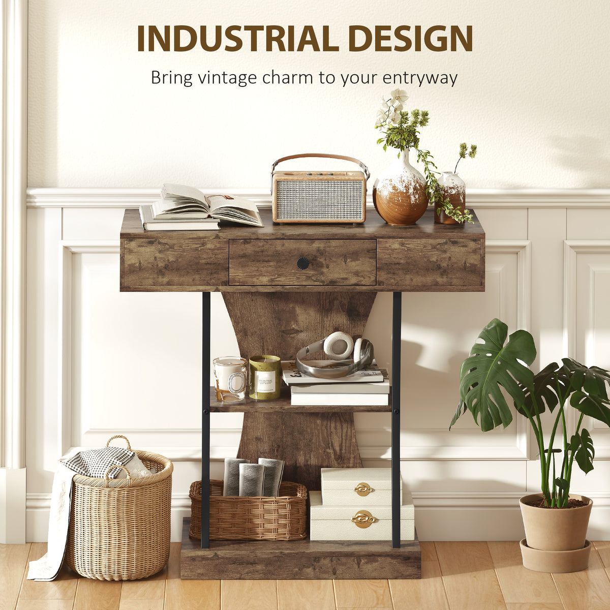 Console Table, 3-Tier Industrial Hallway Table with Drawer, Storage Shelves, 91 x 32 x 87 cm, Rustic Brown