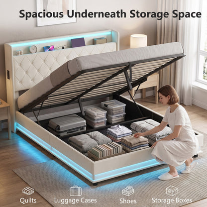 5ft King Bed Frame with Headboard, Platform Bed Frame with Hydraulic Storage, LED Lights and Charging Station, White