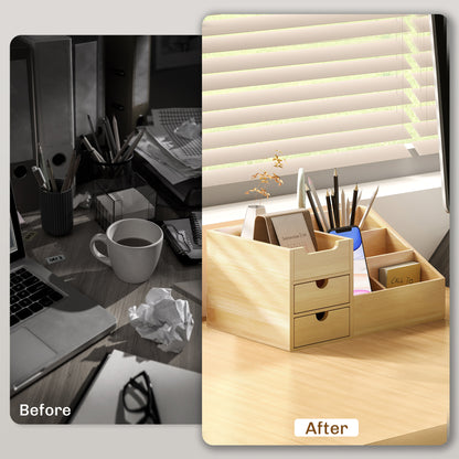 Desk Organiser Holder, Bamboo Multi-Function Storage Caddy with 7 Storage Compartments and 2 Drawers for Home Office Stationary Supplies, Natural Bamboo