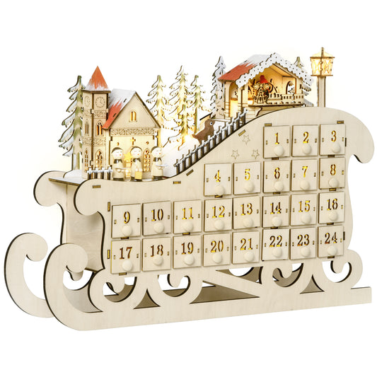Christmas Advent Calendar, 2021 Light up Table Xmas Wooden Sleigh Holiday Decoration with Countdown Drawer, Village, for Kids Adults, Natural Wood Color