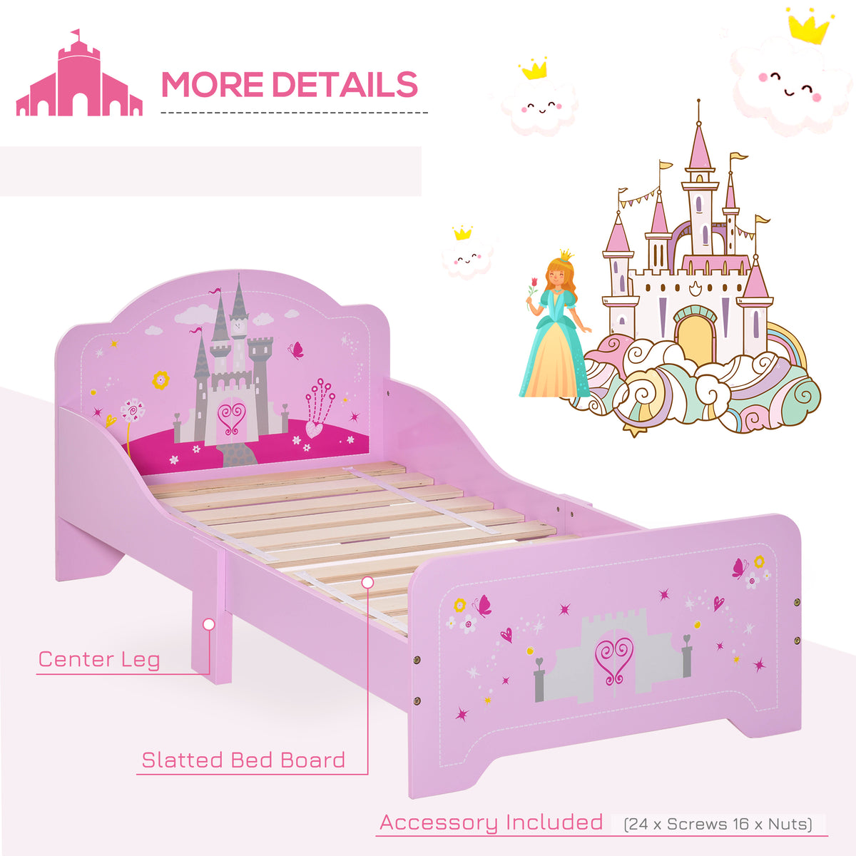Kids Bed Princess Castle Theme w/ Side Rails Slats Home Furniture for 3 - 6 Yrs Pink 143 x 73 x 60 cm