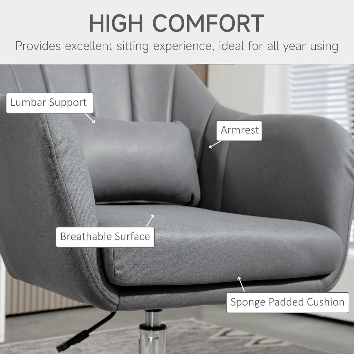 Swivel Accent Chair, Microfiber Cloth Tub Vanity Chair, Modern Armchair with Adjustable Height and Lumbar Support for Living Room Bedroom Salon Make up Room Dressing Table, Dark Grey
