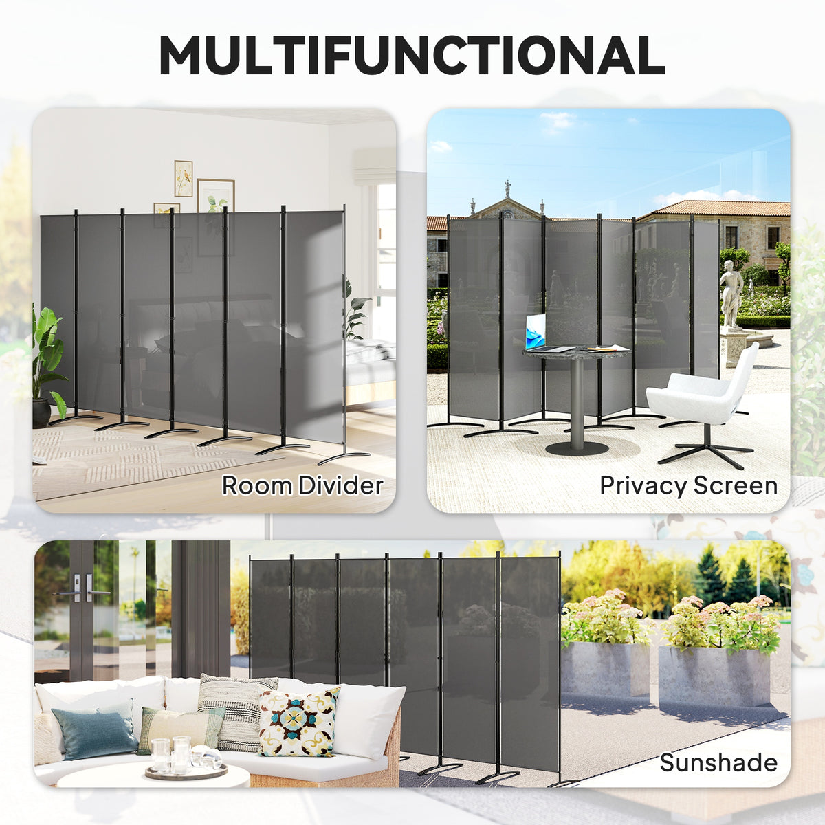 6 Panel Folding Room Divider, 1.7m Privacy Screen with Wide Feet, Portable Freestanding Metal Partition Separator for Office, Living Room, Bedroom, Dining Room, Dark Grey