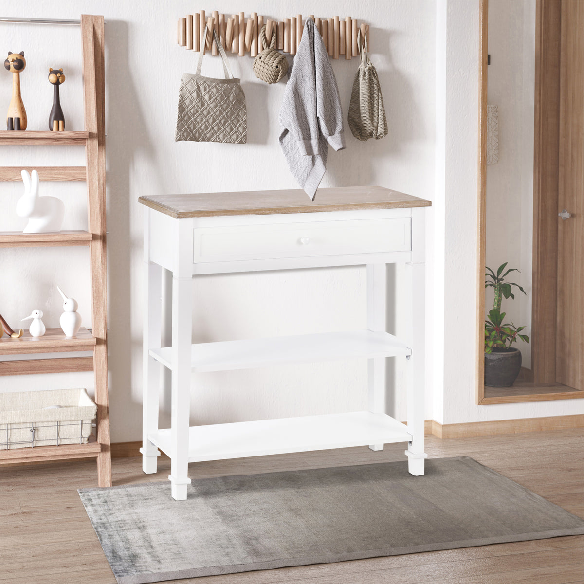 Console Table Hallway Side Desk 1 Drawer 2 Shelves Worktop Handle Retro Style Home Display Storage for Bedroom Livingroom