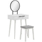 Modern Dressing Table with Round Mirror and Stool, Makeup Vanity Table with 2 Drawers for Bedroom, Living Room, 60 x 40 x 123 cm, White