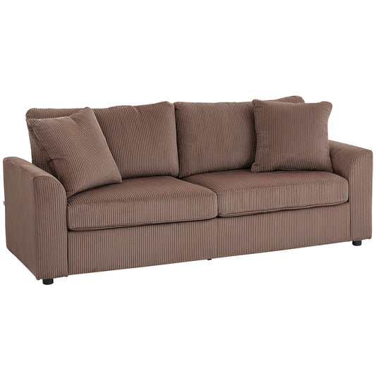 3 Seater Sofa, 212cm Corduroy Couch with Spring Cushion, Wide and Deep Seat, Plush Backrest, 2 Pillows, Sofa Settee for Living Room, Home Office