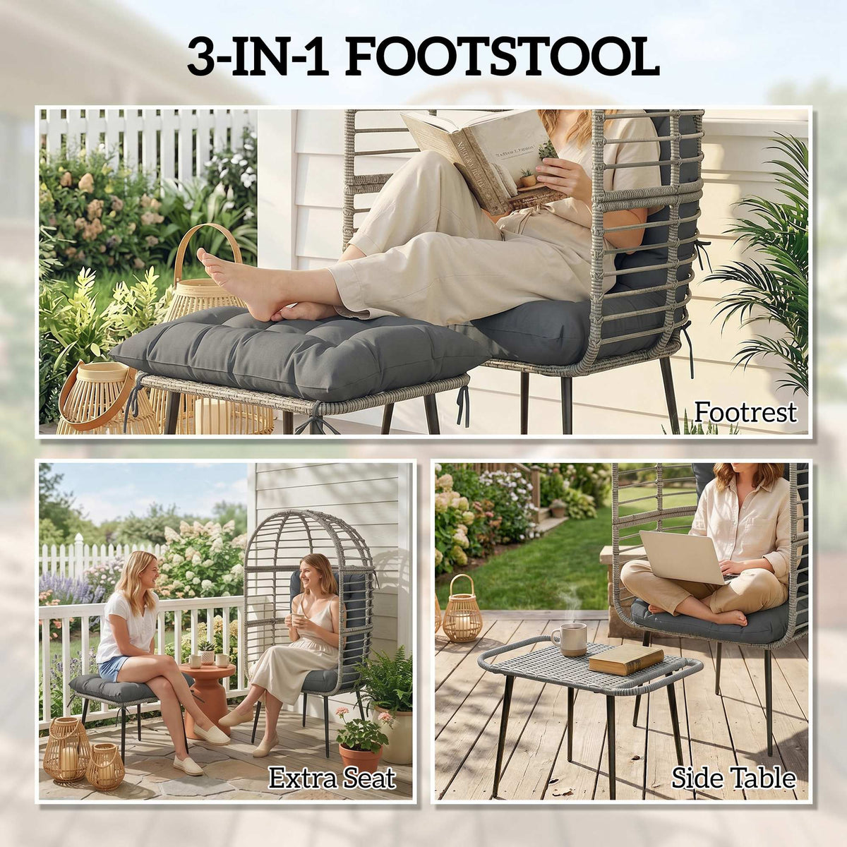 Garden Egg Chair with Footstool, Rattan Indoor Outdoor Lounge Chair and Ottoman Set with Thick Cushions