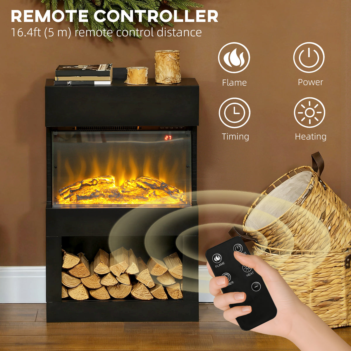 19" Electric Fireplace with Surround, 3D Flame Effect, 6 Colours & 3 Brightness Levels, 1000W/2000W Black Electric Fire and Mantel Reach up to 30㎡ Space with Remote & Timer, 3 Sided View