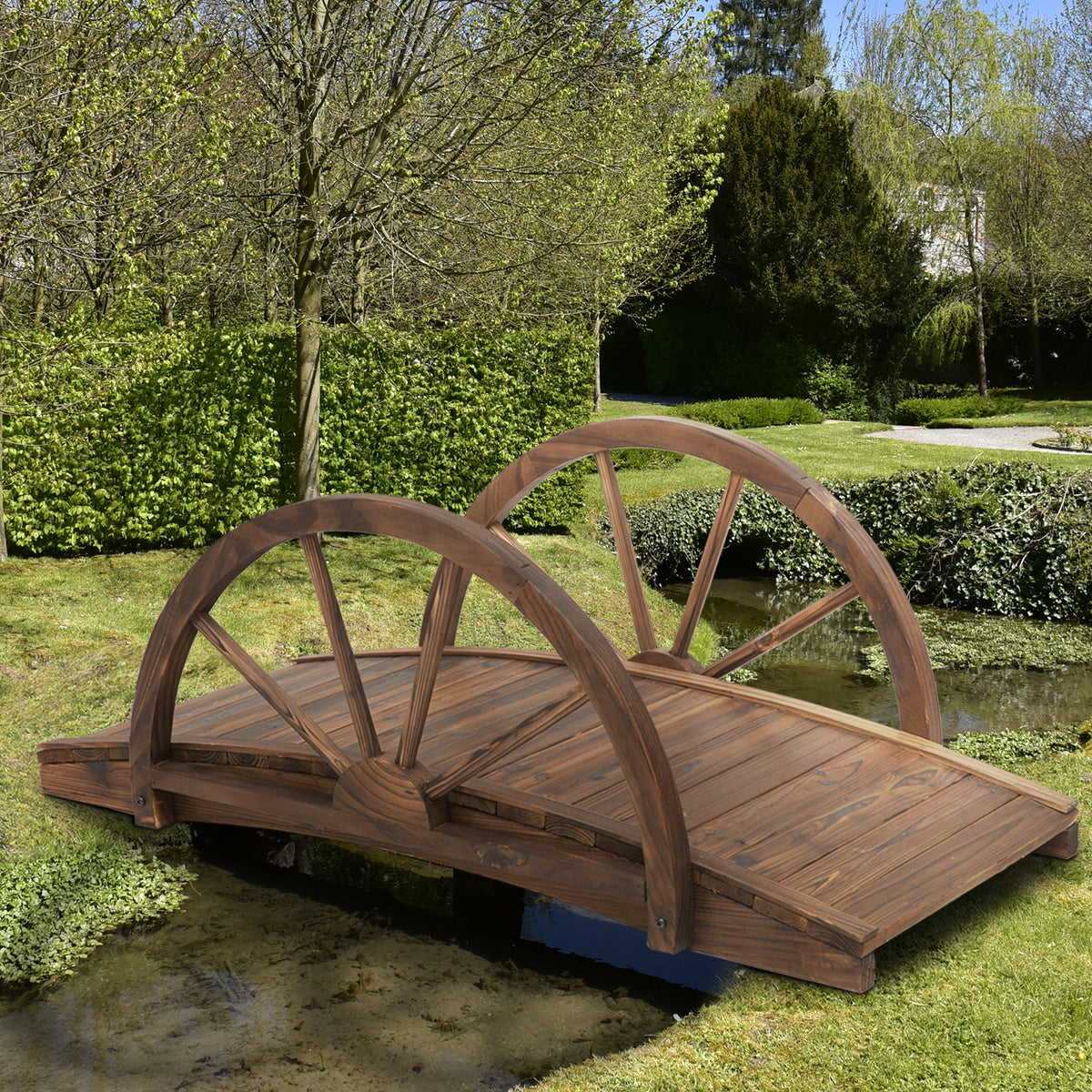 Wooden Garden Bridge Lawn Décor Stained Finish Arc Outdoor Pond WalkwayYard Decoration Half Wheeled Railings 100L x 50W x 37Hcm