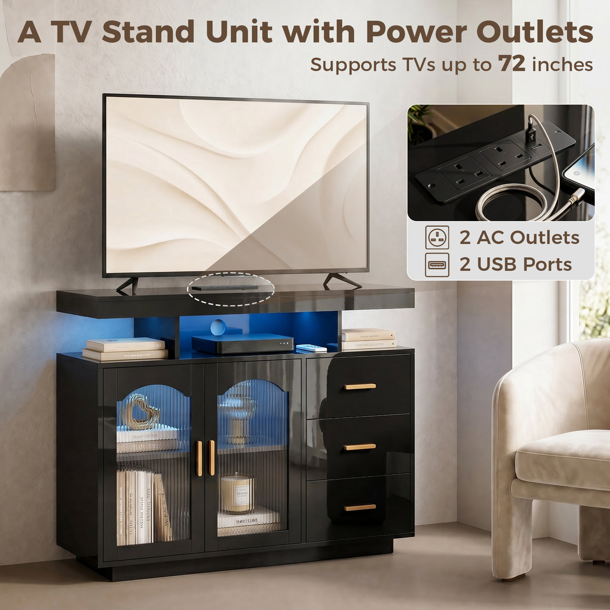 High Gloss Sideboard with LED Lights, Built-in Power Outlets, 3 Drawers, Shelves and 2 Acrylic Doors