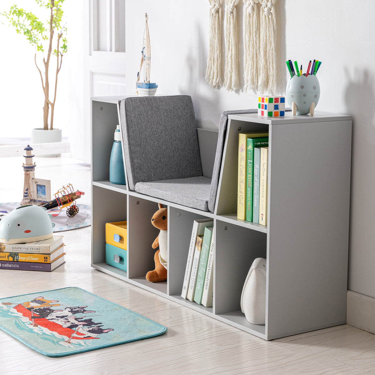 Kids Bookcase Shelf Storage Cabinet Unit, Living Room Sideboard w/ Six Compartments for Toys, Books - Grey