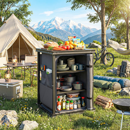 Camping Cupboards, Folding Portable Kitchen Table with 3-Tier Storage, Black