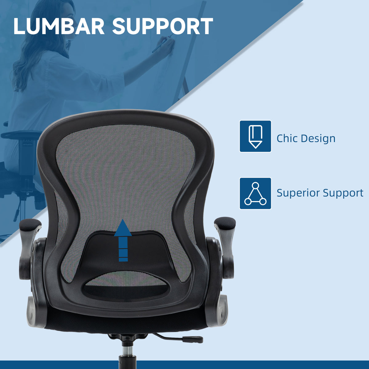 Adjustable Mesh Standing Desk Chair with Flip-up Armrests Lumbar Support Armrests Adjustable Footrest Ring Black