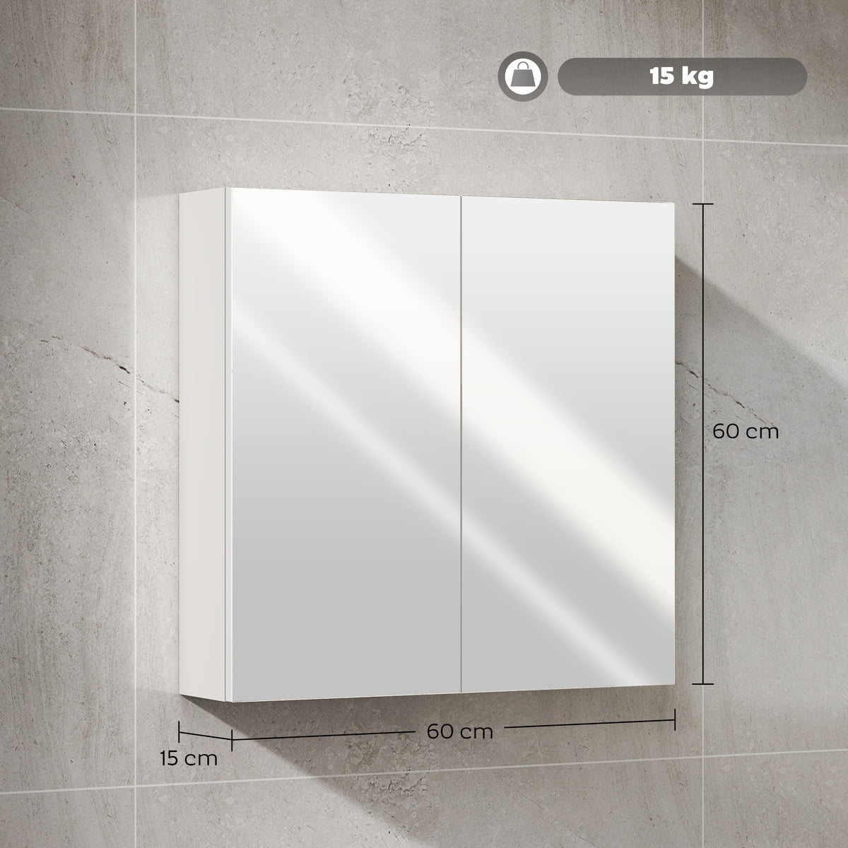 60 x 15 cm Double Door Bathroom Mirror Cabinet - White