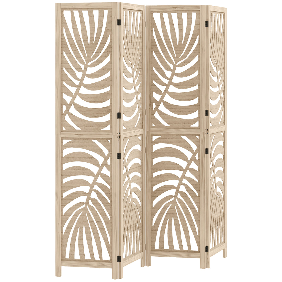4 Panel Privacy Screens, Detachable Folding Room Divider with Palm Leaf Design for Home Office, Natural Wood Finish