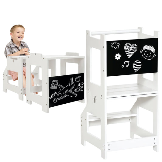 Toddler Learning Tower, 2 in 1 Toddler Step Stool for Kids with Chalkboard and Security Rail, Foldable Step Stool for Kitchen Bathroom, Ages 3-6 Years, White