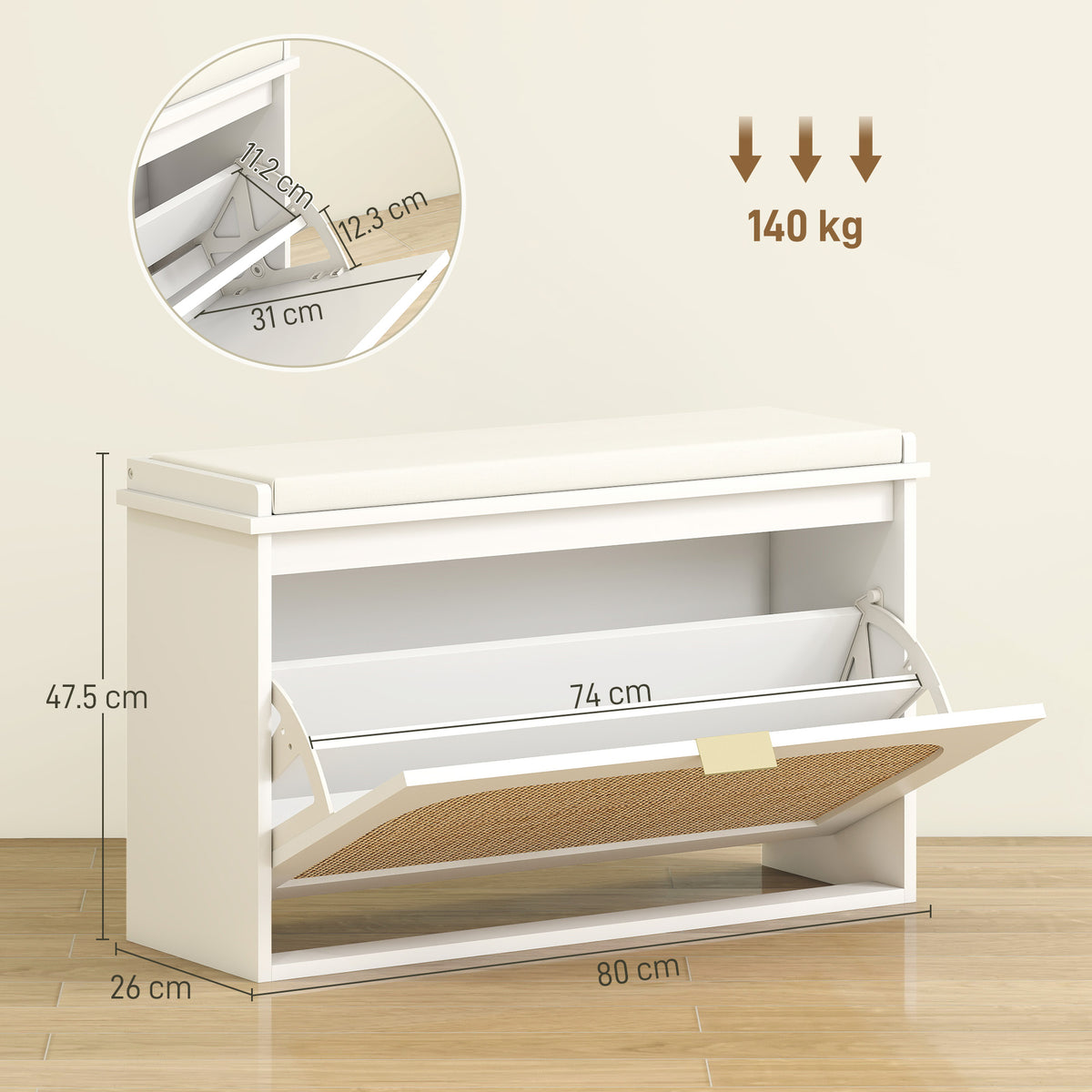 Boho Shoe Bench with Padded Seat and Flip-Drawer - White
