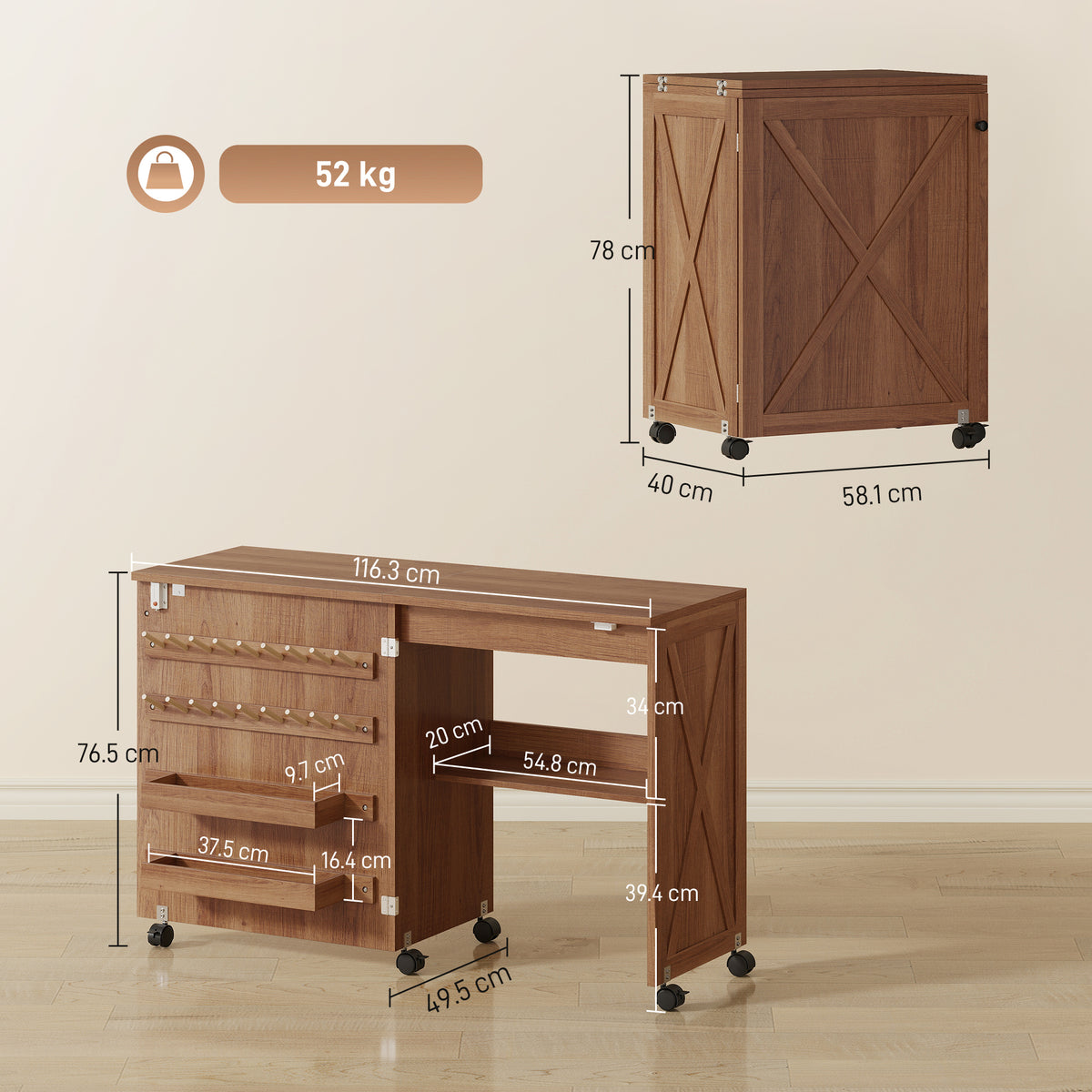 Folding Sewing Table, Rolling Craft Table with Storage compartments, Shelf and Lockable Casters for Small Spaces
