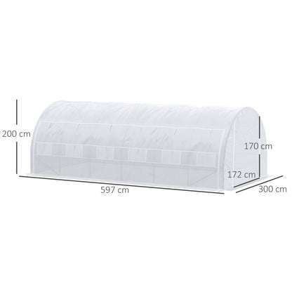6 x 3 x 2 m Polytunnel Greenhouse with Roll-up Side Walls, Walk-in Grow House Tent with Steel Frame, Reinforced Cover, Zipped Door and 12 Mesh Windows for Garden, White