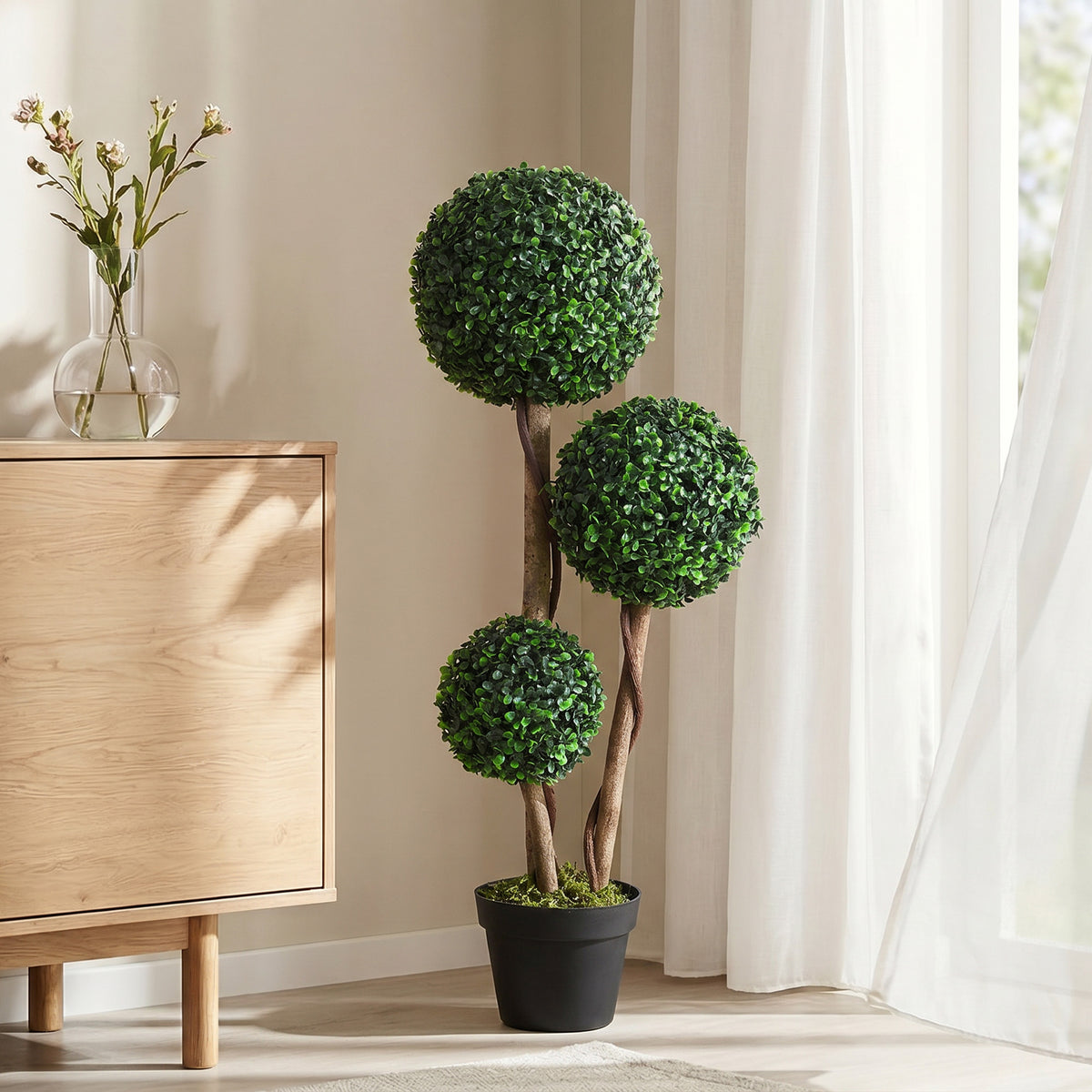 Decorative Artificial Trees Boxwood Ball Topiary Trees in Pot, UV-Cut Fake Plants for Home Indoor Outdoor Decor, 90 cm, Dark Green