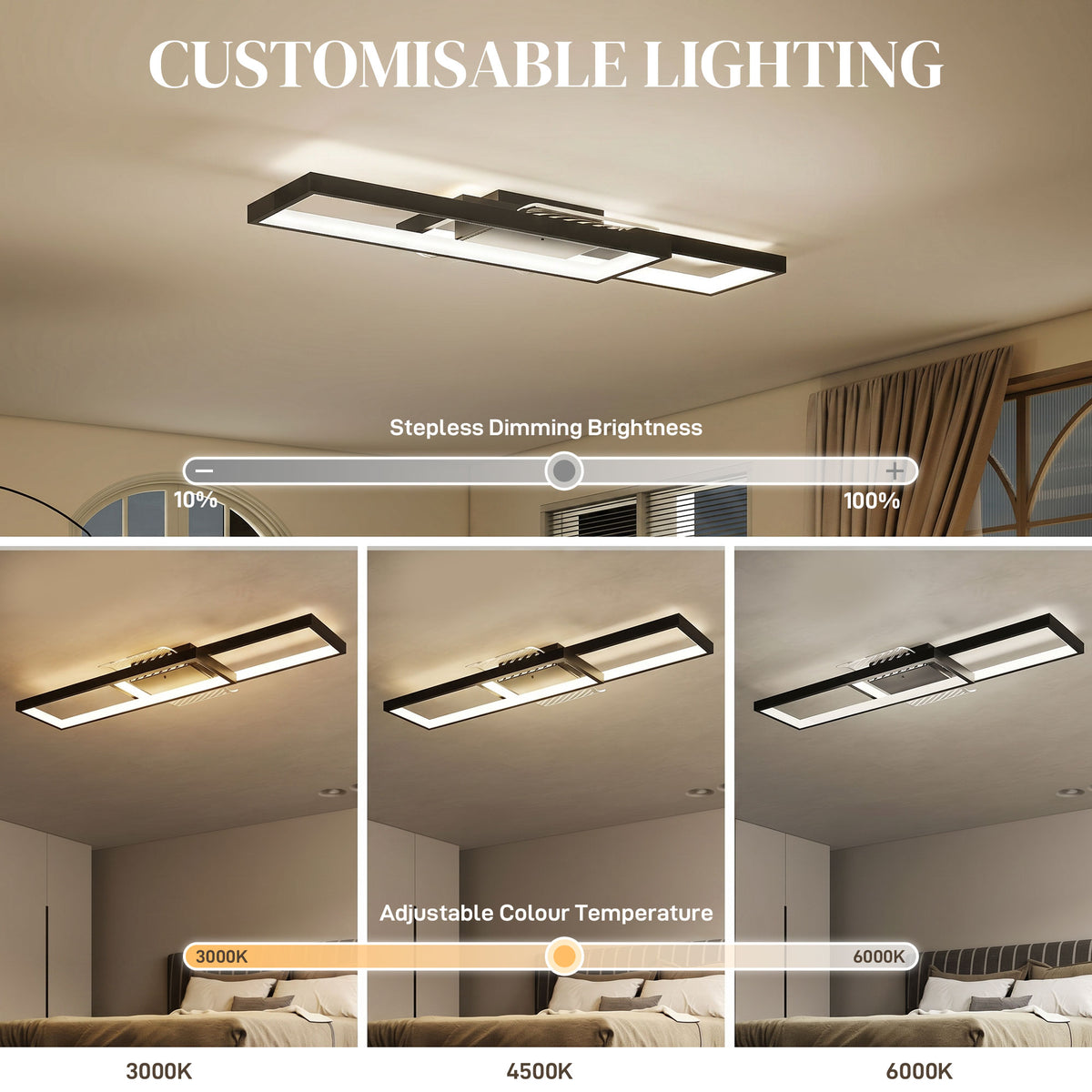 LED Ceiling Light, Modern Dimmable Ceiling Light with Wall Switch & Remote Control, Flush Mount Fixture Lamp with 3000-6000K Colour Temperatures for Living Room, Bedroom, Black