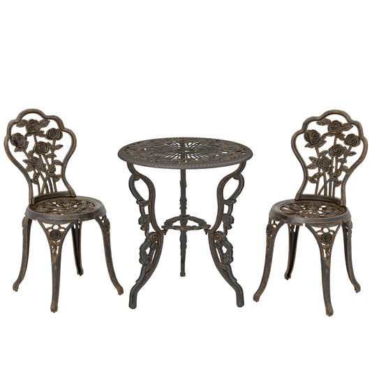 Garden Bistro Set with Umbrella Hole, 3 Piece Cast Aluminium Garden Furniture Set, Antique Floral Round Coffee Table and Chairs, Small Balcony Furniture for Outdoor, Patio, Brown Tone